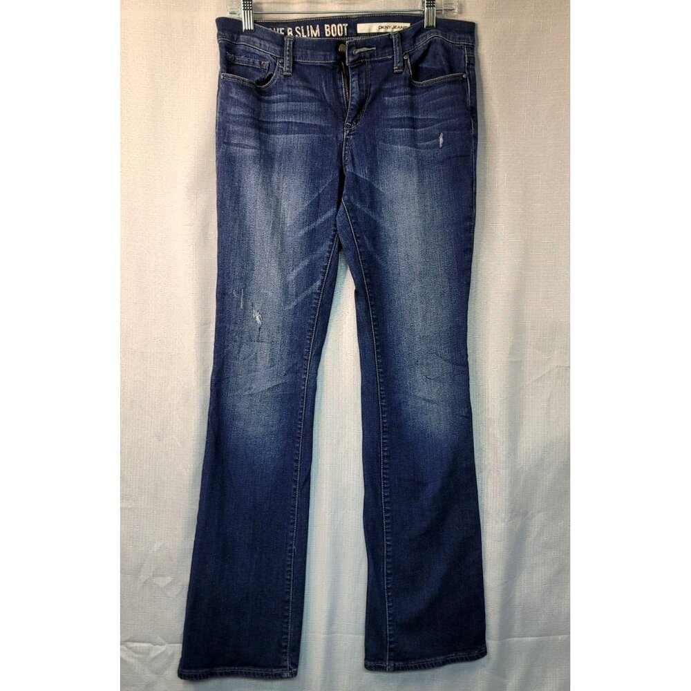 DKNY Ave B Slim Boot Jeans 8X32 Blue Denim Distressed Low Rise Western Casual